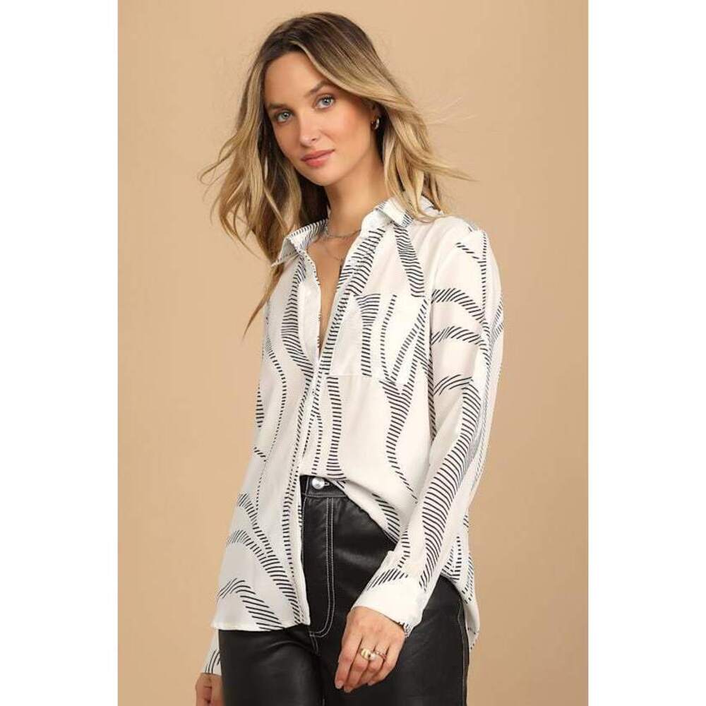Lulus Abstract Artist Black And White Print Long Sleeve Button-up Top - Size L